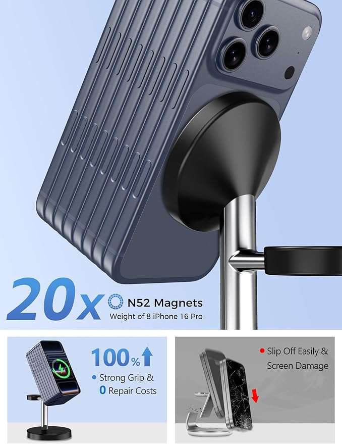 2026 3 in 1 Wireless Charging Station Compatible with MagSafe, 15W Fast Magnetic Mag-Safe Charger Stand for Apple iPhone 17 16 15 14 13 12 Series iWatch AirPods Pro 4 3 2, SilverBlack, 1 Pack