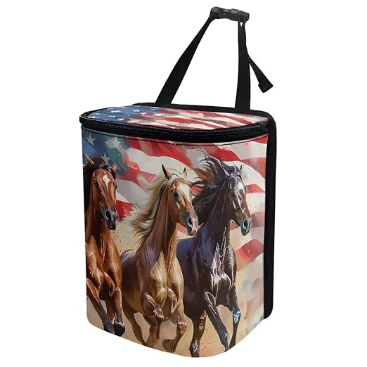 Biyejit American Flag Horse Car Trash Can with Lid Collapsible Car Garage Bag Reusable Hanging Automotive Garbage Bin with Adjustable Strap Car Accessories Interior Car Organizer 4th of July Gift
