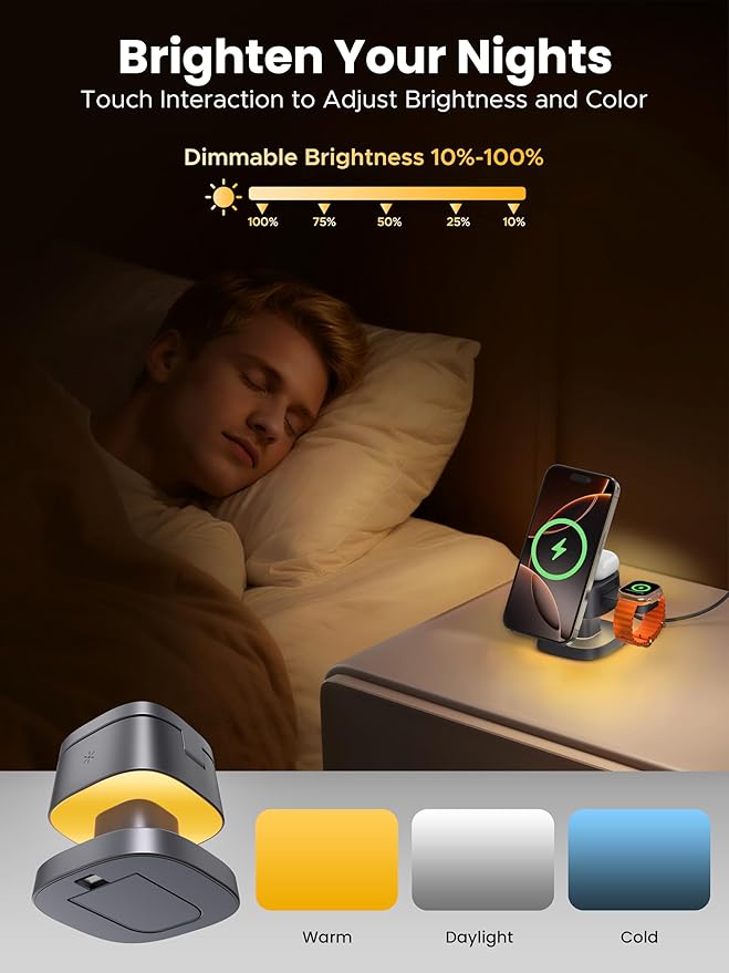 ByteWave 3-in-1 Charging Station for Apple, iPhone MagSafe Charger with 3-Color Light, 15W Max Foldable Wireless Fast Charging for iPhone 17/16/15/14/13/12, Apple Watch, AirPods, Home&Travel Friendly