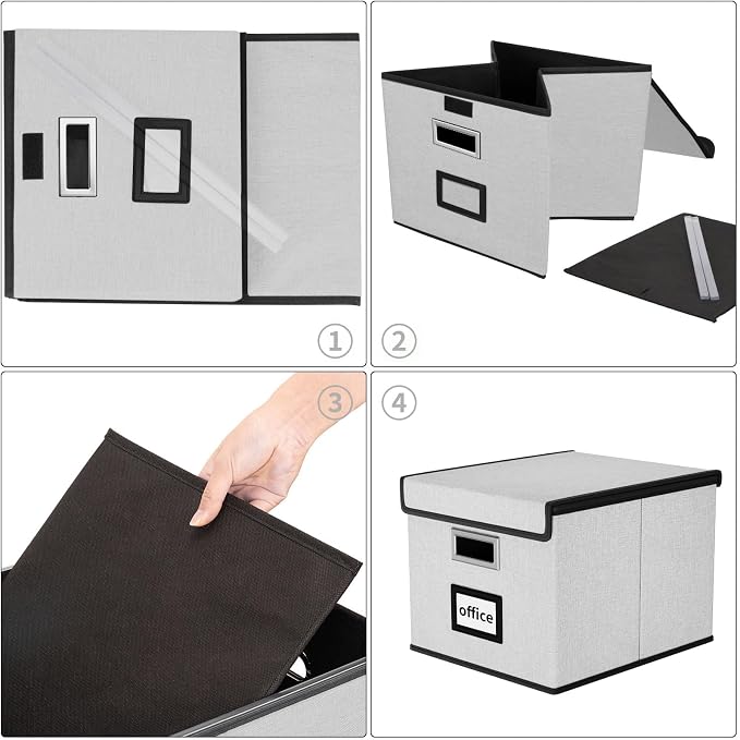 File Organizer Box with Lid, Collapsible File Folder Organizer for Office Document Storage, Filing Box with Plastic Slide for Letter Size Hanging File Folders(1 Pack, Light Grey)