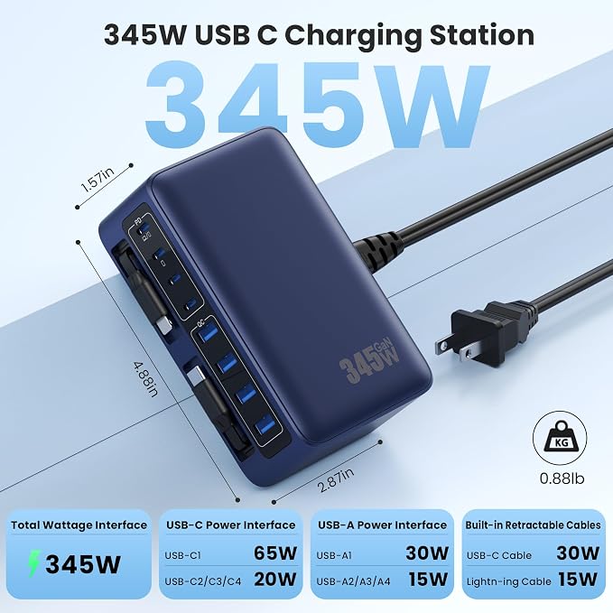 345W USB C Charger 10 in 1 Retractable Wall Charger with 2 Cables,GaN 6 USB C Charging Station Phone Charging PD Laptop Charger Adapter for MacBook Pro/Air,DELL,iPhone17/16/15,Galaxy S24,Android etc
