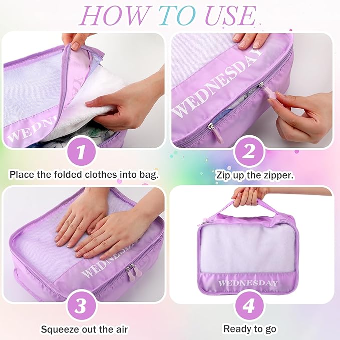Days of Week Packing Cubes Weekly Organizer Travel Storage Bag School Clothes for Kids Summer Camp Family(12x9x5inch,Macaron,15)