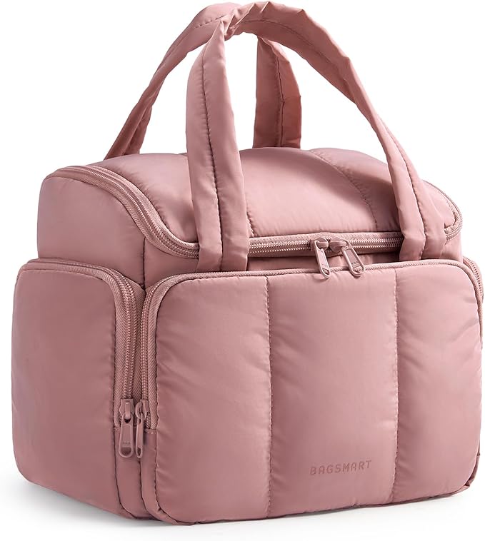 BAGSMART Travel Toiletry Bag for Women with Puffy Water-Resistant Fabric, Roomy Makeup Bag Organizer for Travel-Sized Toiletries & Accessories (Nude Pink)
