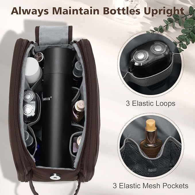 Wedama Toiletry Bag for Men, Medium Hanging Travel Toiletry Bag, Extra Electronic Organizer Bag Waterproof Shaving Bag for Toiletries with PU Handle for Travel Business Trips Swim Camping, Brown