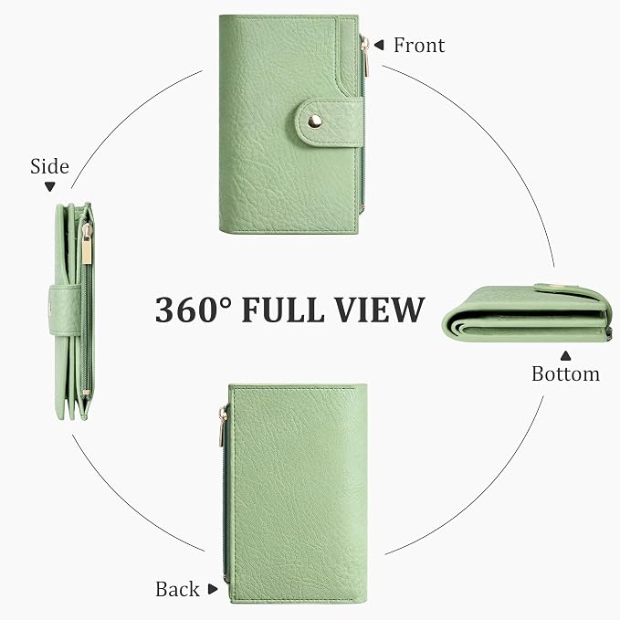 Airkit Small Women's Bifold Wallet, RFID Blocking Credit Card Holder with Zipper, Travel Cute Coin Pocket Wallet for Ladies, Green