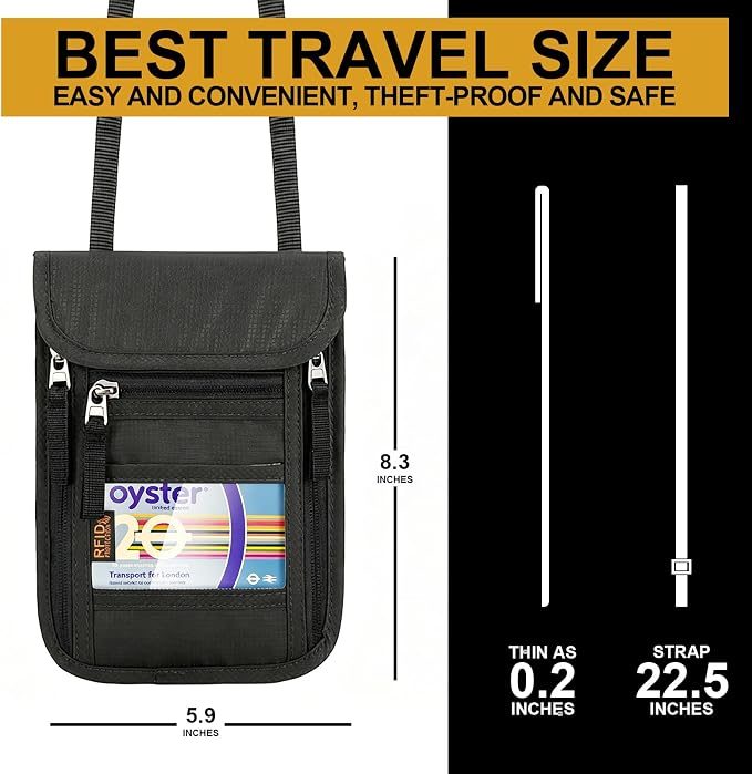 Travel Neck Wallet with RFID Blocking & Passport Holder - Large Capacity Hidden Pouch for Phone, Cash, Cards, ID | Slim Fit, Anti-Theft Organizer for Airports, Sightseeing