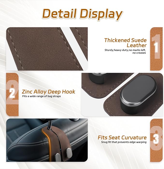 Car Seat Headrest Hooks - 4 Pack Universal Car Purse Hook, Leather Car Bag Purse Holder with Double Metal Hooks for Handbags, Grocery Bags, Bottles, Phones, Brown