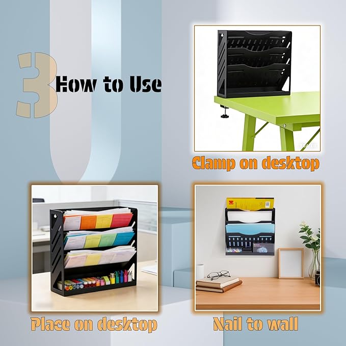Yuxh Clamp on Desk File Organizer 4-Tier Wall Mail Holder Metal Hanging Paper Rack Black Office Bills Storage with Bottom Tray, Clip on Table Shelf 13" Wall Mount Stand, Stable without Shaking