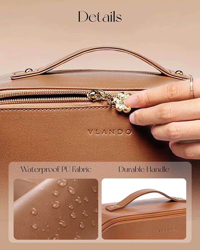 VLANDO Makeup Bag,Travel Toiletry Bag,Cosmetic Bag for Women PU Leather Portable Make up Bag for Skincare, Brushes & Travel Essentials-Brown