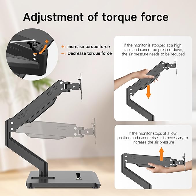 Pholiten Adjustable Monitor Arm with Gas Spring for 17-32 inch Screens,Pneumatic VESA Computer Mount with Base,Freestanding Full Motion Monitor Desk Stand Holds up to 22 lbs.