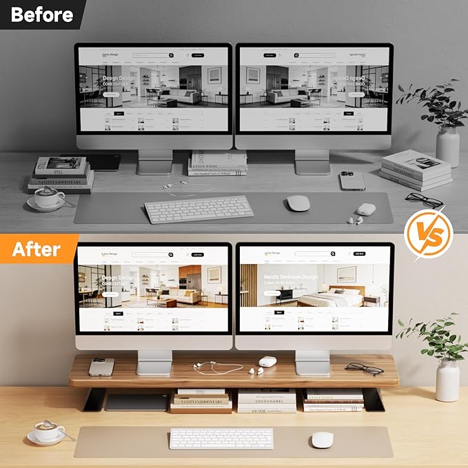 Dual Monitor Stand Riser, 39 Inch Large Wood Monitor Stands for 2 Monitors, Desk Monitor Riser for Computer/Laptop/Printer/TV, Stand Riser up to 220 lbs