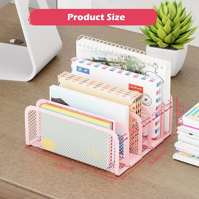 Mail Organizer Countertop, Metal File Holder with 5-Slot, Small Desk File Organizer for Letter, Bill, Mail Sorter, Desktop Letter Folder Holders for Office, Home, School (Pink)
