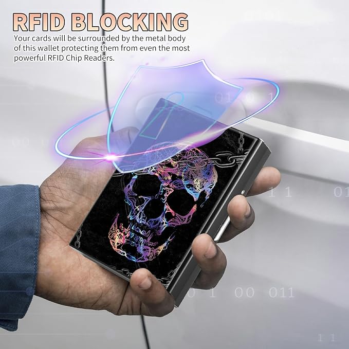 Slim Credit Card Holder, Shackle Skull RFID Blocking Metal Wallet for Men & Women, Aluminum Minimalist Hard Case Pocket-Sized Business Cards Organizer (Fits Up to 10 Cards)