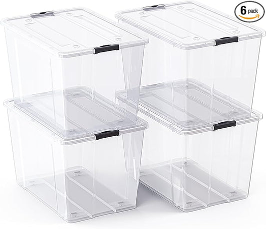 Lifetime Appliance Parts 4 PACK 97 Qt. Plastic Storage Bin Tote Organizing Container with Ultra Durable Lid & Secure Latching Buckles Stackable Extra Strength Clear w/Black Handle