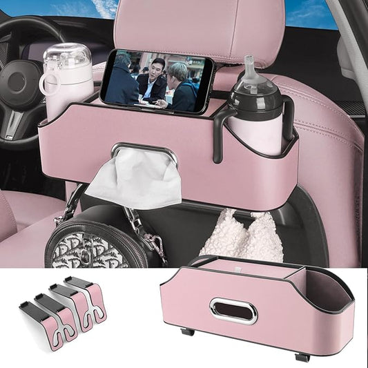 HOLDCY Car Back Seat Organizer with 2 Drink Cup Holder - Tissue Box and Storage Box Hook - Multi-functional Storage - Great for Kids and Travel (Pink)