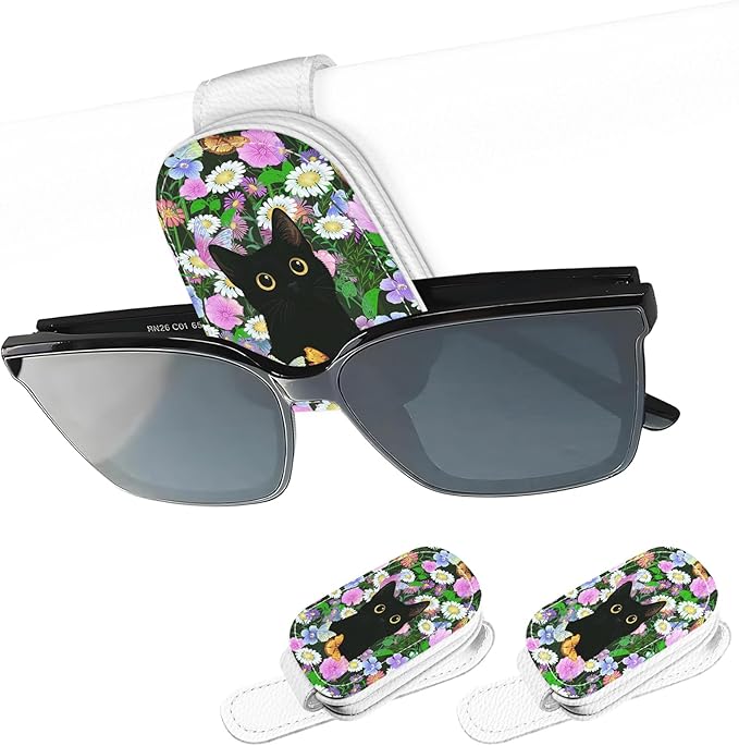 2 Pack Magnetic Leather Sunglass Holder, Universal Magnetic Car Eyeglass Hanger Clip for Different Size Eyeglasses, Car Visor Accessories (Butterfly Cat)