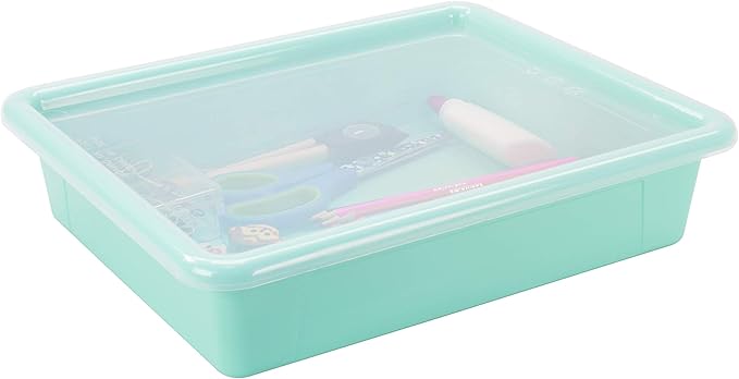 Storex Letter Size Flat Storage Tray – Organizer Bin with Non-Snap Lid for Classroom, Office and Home, Teal, 5-Pack (62541A05C)