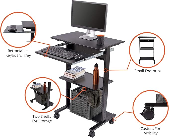 Stand Up Desk Store Mobile Rolling Adjustable Height Standing Workstation with Printer Shelf and Slideout Keyboard Tray (Black Frame/Black Top, 30" Wide)