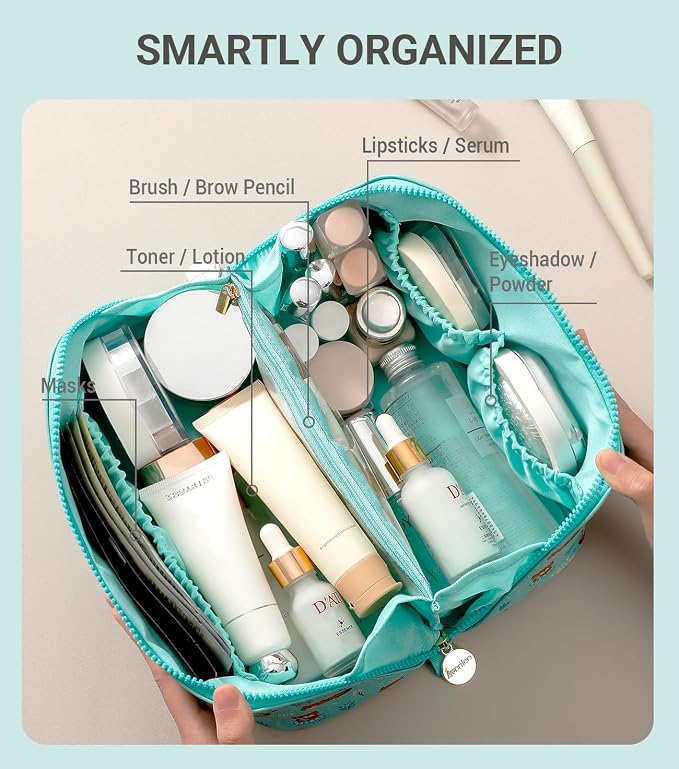 Aveniee Travel Makeup Bag for Women, Large Cosmetic Organizer with Open-Flat Design, Clear Divider & Handle - Waterproof PU Leather Toiletry Case (Otter Pattern)