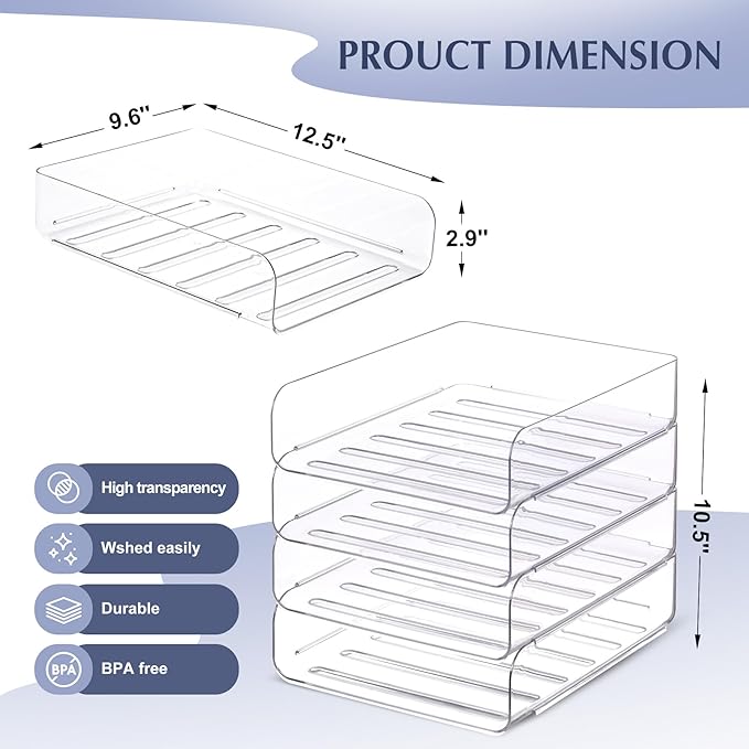 CiWiVOKi 4 Trays Paper Organizer Letter Tray, Acrylic Clear PET Desk File Organizer, Stackable Paper Holder Sorter for Desk Accessories, Files, Documents, iPad, Books, A4 Size, No Assembly Required