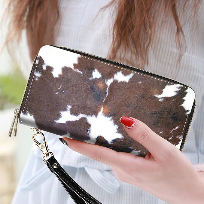 Women's Large Capacity Wallet PU Leather Double Zipper Clutch Purse Multifunctional Wallet with Removable Wristlet Strap for Smart Phone/Coin/Card/Cash, Brown Cow Print