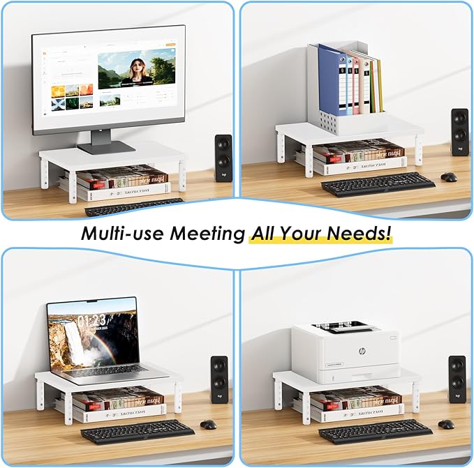 ECOLOVI Wood Computer Monitor Stand Riser for Desk, 4-Height Adjustable Desktop PC Printer Laptop Stand Shelf, Desk Organizer Workspace Accessories for Home Office Supplies, White