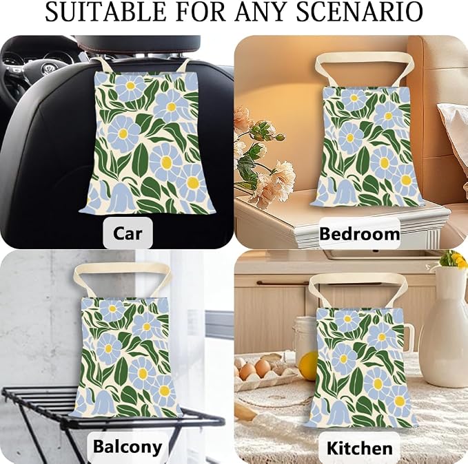 Car Garbage Bag Hanging 9.8 x 11.8 Inch Floral Car Trash Bag Boho Flowers Leaf Polyester Washable Waterproof Cute Storage Can for Vehicle Interior Travel Accessories Reusable Leak Proof