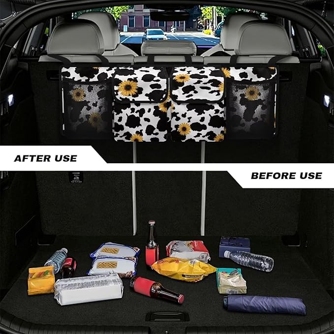 Sunflower Cow Pattern Car Backseat Trunk Organizer Auto Hanging Seat Back Storage Collapsible Car Storage Bag Car Interior Accessories for SUV, Truck, MPV,Van