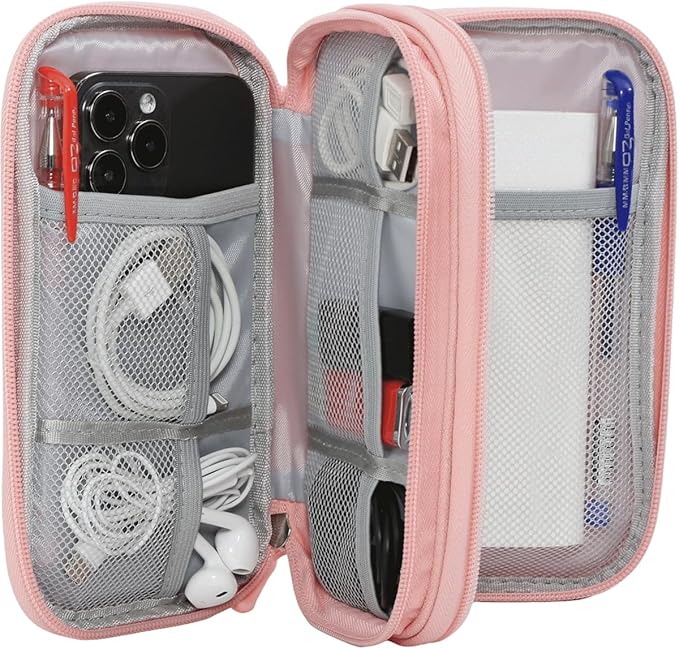 CAAORDKSO Electronic Cable Organizer Bag, Travel Electronic Accessories Carry Case Portable Waterproof Double Layers Storage Bag for Cable, Cord, Charger, Power Bank, Earphone (Light Pink, Medium)