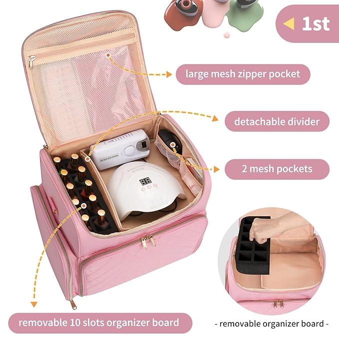 CUBETASTIC Extra Large Nail Polish Organizer Case Holds 86 to 100+ Bottles & Nail Lamp, Nail Supplies Storage Bag with 2 Removable Pouches, Nail Art Travel Box