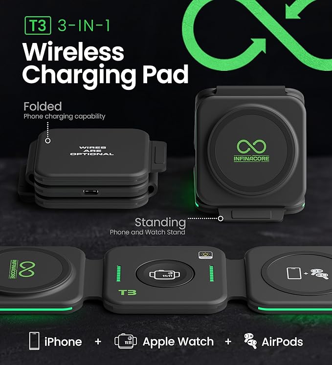 InfinaCore 3-in-1 Charging Station for Apple Devices - Travel Essentials- Magnetic Wireless Travel Charger - Foldable Charging Pad for Magsafe iPhone 16 15 14 13 12 Pro Max/Plus, AirPods & Apple Watch