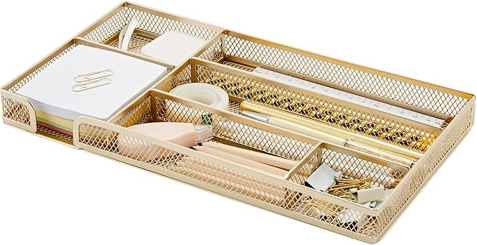 Annova Desk Drawer Organizer Tray for Office Organization - Metal Mesh - Storage Tray with Dividers for Pens, Desktop Accessories, Bathroom, Kitchen, Makeup and Office Supplies (Small, Gold)