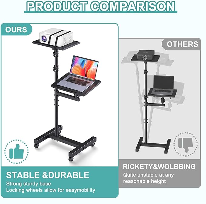 2 Shelves Projector Stand Tripod, Height Adjustable Max 64", Mobile Laptop Cart on Wheels Projector Tripod Stand, Overbed Table with Wheels, Rolling Laptop Floor Stand for Couch