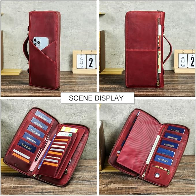 CONTACTS Family Passport Holder for 10 Full Grain Leather Compatible with Airtag Passport Holder Family Travel Document Organizer Multiple Rfid Blocking Passport Wallet (Red)