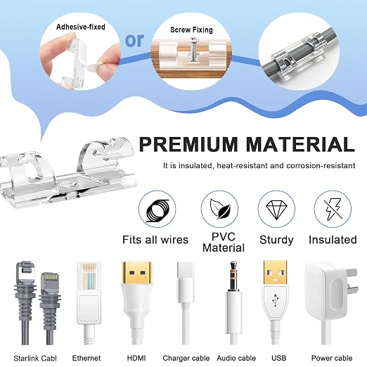 Adhesive Cable Wire Clips Clear (80 PCS) with Screw Holes - Strong Sticky or Screw-Mountable Cord Holders for Wall, Under Desk, Car, PC & Ethernet Cords, Indoor/Outdoor Christmas Lights Organizer