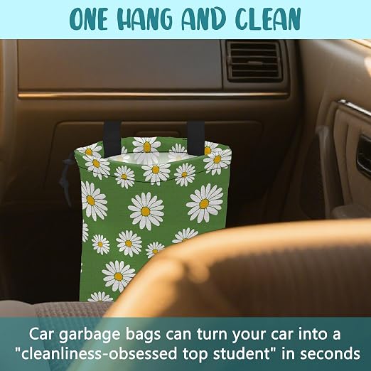 Car Trash Bag Green Daisy Flowers Spring Hanging Drawstring Car Organizer and Storage Bag with Adjustable Buckle Canvas Garbage Bin for Back Seat or Hanging Headrest Car Decor Road Trip Essentials