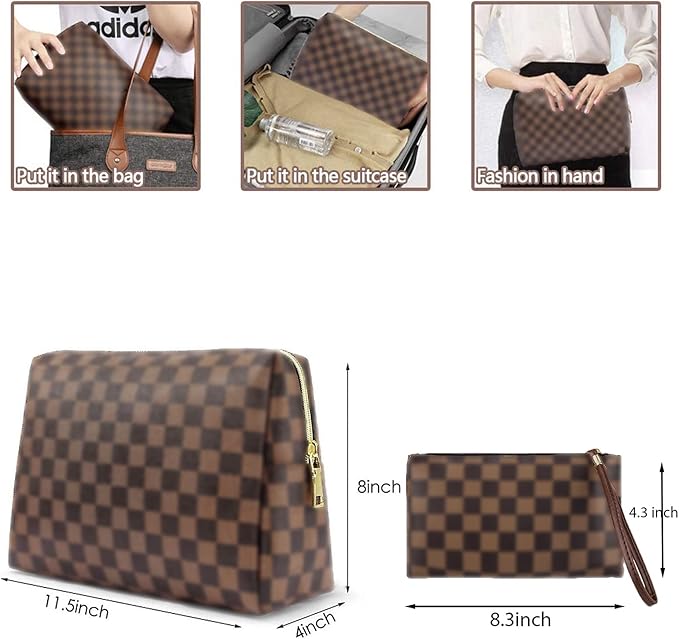 BAGCRAZY Checkered Makeup Bag Set, Elegant Travel Cosmetic Bag 2 Pack, Waterproof PU Leather Makeup Organizer with Zipper for Women