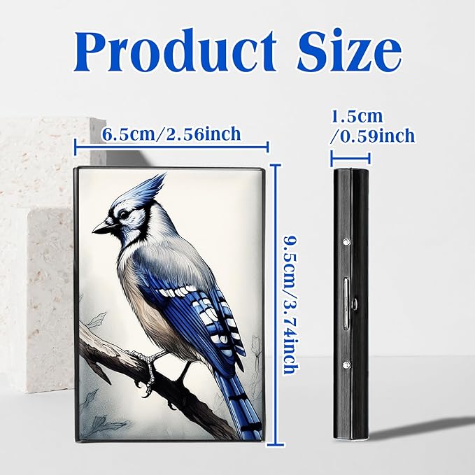 RFID Blocking Credit Card Holder - Slim Metal Wallet for Women & Men,Blue Jay Bird Design Stainless Steel Business Card Case,Compact Pocket Organizer for Travel & Daily Use