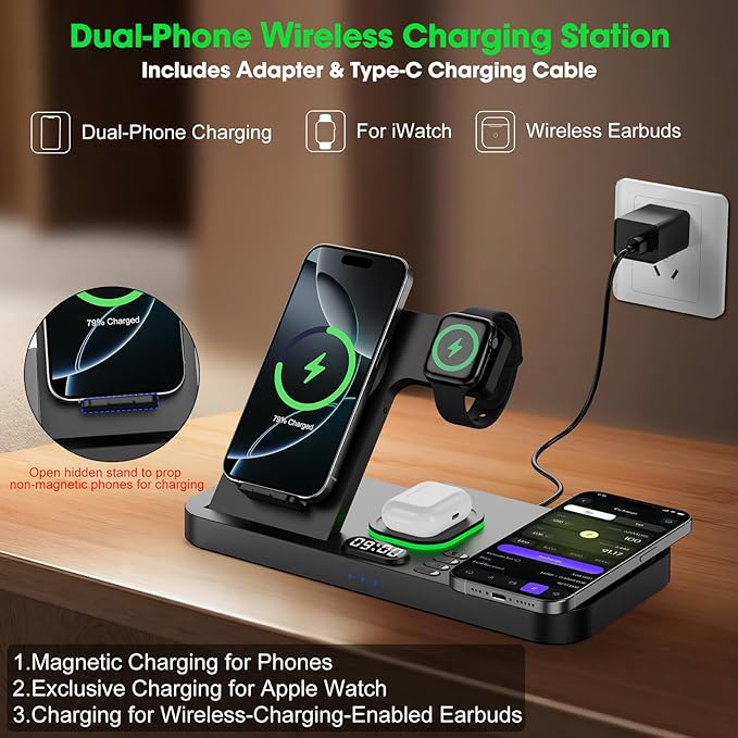 Dual Phone Wireless Charging Station for Apple Devices, Magnetic Charging Station for iPhone with Auto Switch 7-Color Light&Clock, Family Watch Charger for iPhone17 for iWatch11 for AirPods Pro3(Black