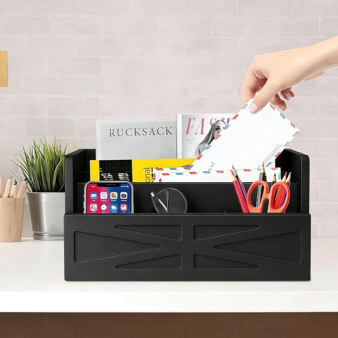 Mail Organizer Countertop, Wood Mail Holder Sorter for Desk, Rustic Bill Storage Organizer Box, Office Letter Basket for Document File Folder Paper Envelope (Black)