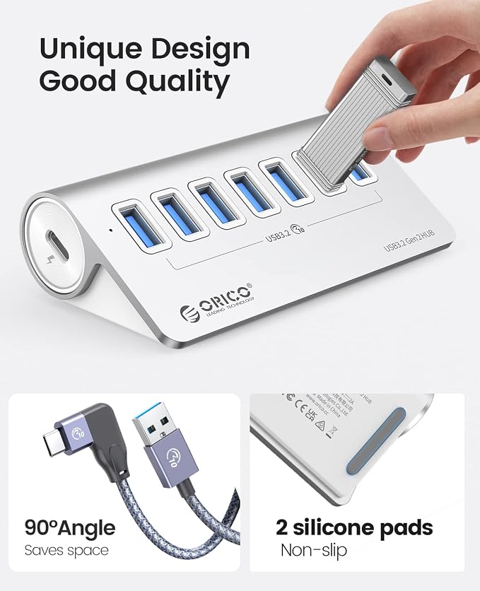 ORICO 7-Port USB 3.2 Gen2 Hub, Desktop USB 3.2 Hub with 7 USB-A Ports, 5V 3A Power Supply Port, 10Gbps Aluminium USB-Splitter with 3.28Ft USB-C to USB-C Cable for iMac, MacBooks, Mac mini