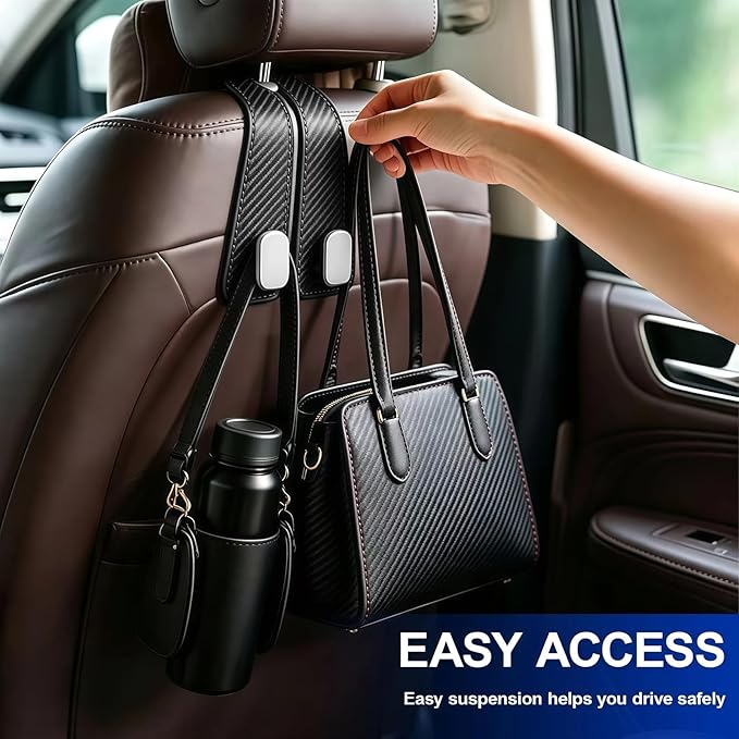 4 Pack Leather Purse Hook for Car, Car Seat Hooks for Headrest, Car Seat Back Storage Hook for Purses and Bags, Universal Back Seat Holder for Grocery Bag, Black