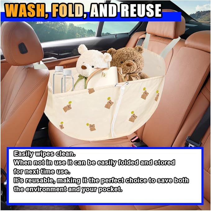 Car Seat Organizer - Large Capacity Auto Backseat Organizer, Collapsible Car Hammock Storage Bag, Reusable Tote with Drawstrings, Road Trip Essentials for Adults Kids (Beige)