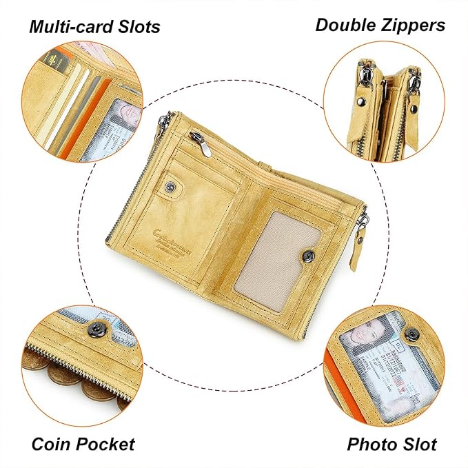 CONTACTS Soft Leather Wallet for Women Small Bifold Coin Purse Double Zipper Card Holder with RFID Blocking (Yellow)