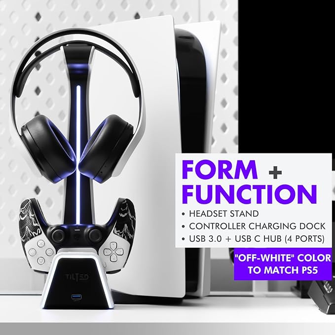 Tilted Nation Gaming Headset and Controller Stand | Premium PS5 Accessories (Clean Space with Charging Station) Headphone and Controller Holder for Desk, PlayStation 5, Xbox Game,