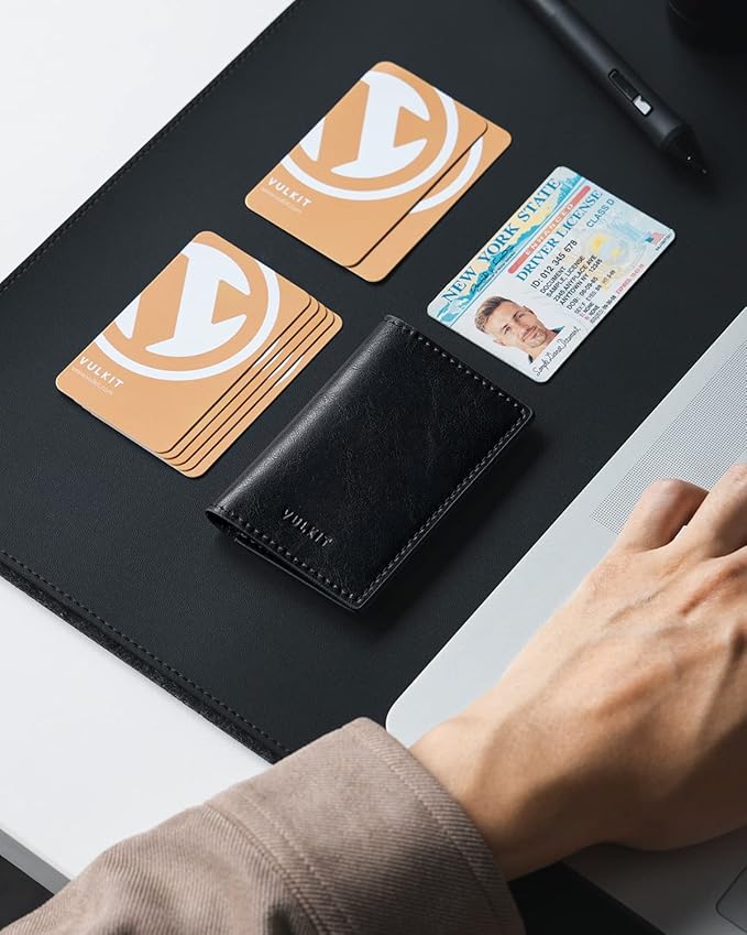 VULKIT Leather Business Card Holder 2 Sided Slim Business Name Card Organizer for Men or Women, Up to hold 20 cards (Vintage Navy)