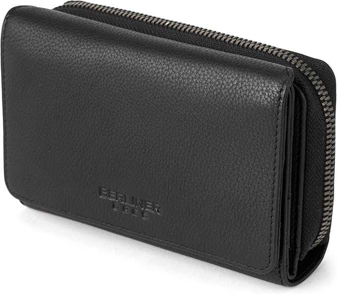 BERLINER BAGS Premium Genuine Leather Wallet Vienna, RFID Blocking Credit Card Holder, Trifold Clutch Purses, Zip Around Womens Wallet for 19 cards, ID window, Bills, Coins - Black