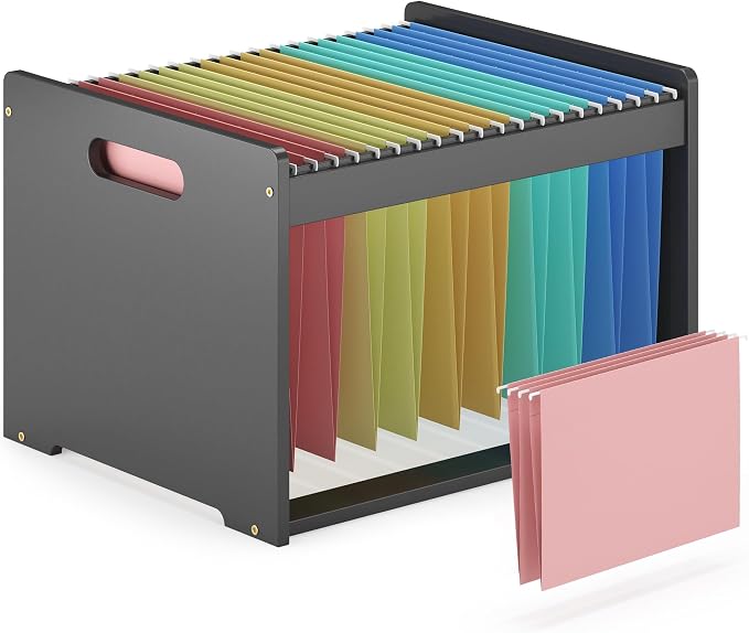 Hanging File Organizer Box for Letter Size, Bamboo File Folder Organizer, Storage Moving Boxes with Handle Wood Desk Filing Box for Office Banker Document