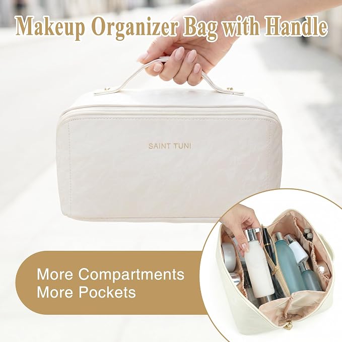 Cosmetic Bag,Travel Makeup Bag, Large Capacity Cosmetic Bags for Women, Waterproof Portable Open Flat Toiletry Bags,Makeup Organizer Bag with Divider and Handle, Cosmetic Pouch Gifts for Women (White)