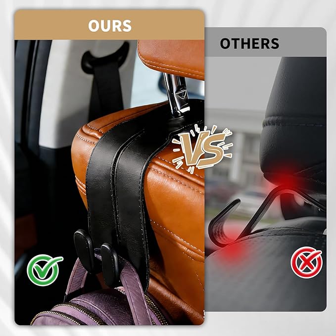 4 Pack Headrest Hooks for Car, Leather Car Seat Back Storage Hooks, Car Purse Holder for Purses and Handbags